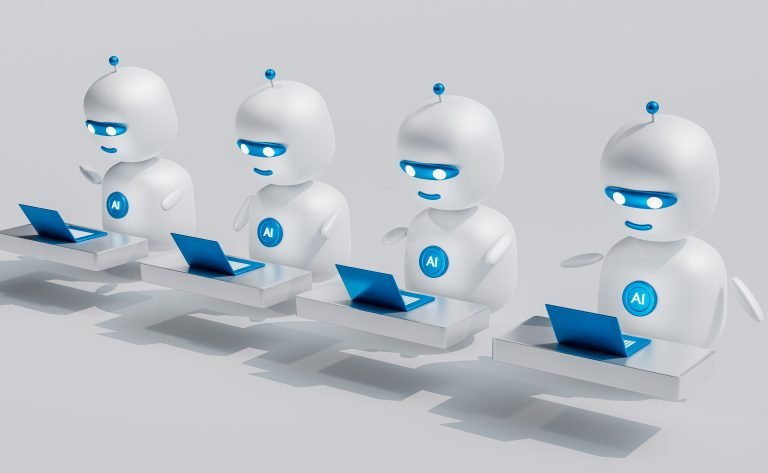 Using AI in digital marketing - image of 4 cute robots on laptops