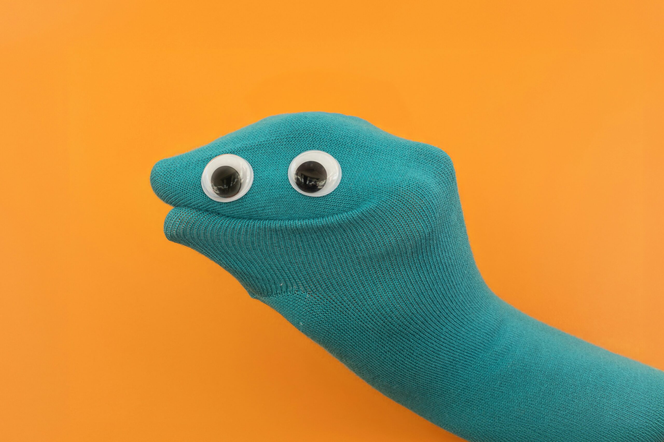 Website Support and Management Services - image of a smiling teal sock puppet with googly eyes on an orange background